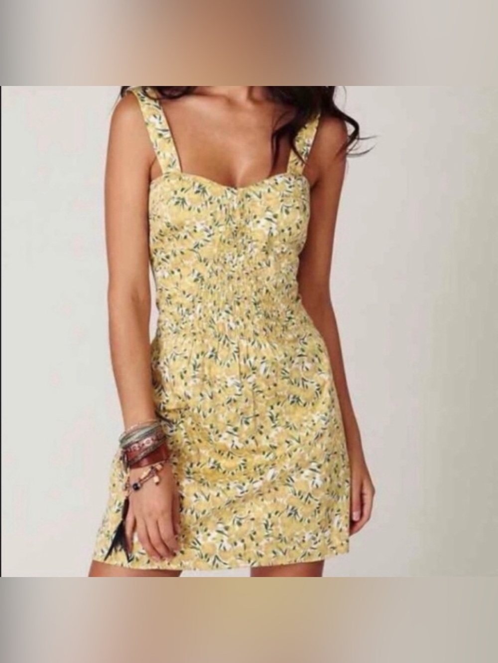 Free People Yellow Floral Smocked Mini Dress
